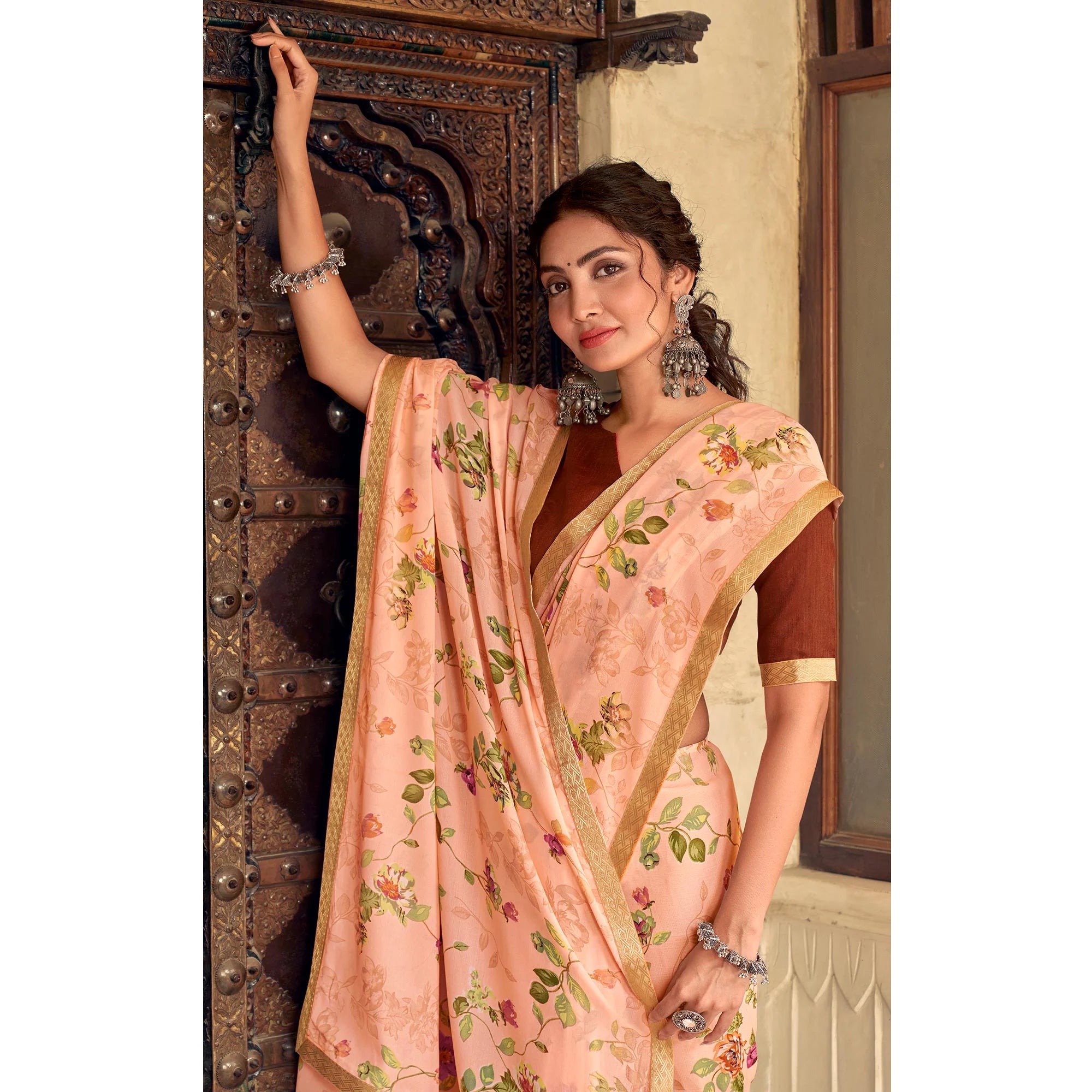 Peach Chiffon Printed Saree