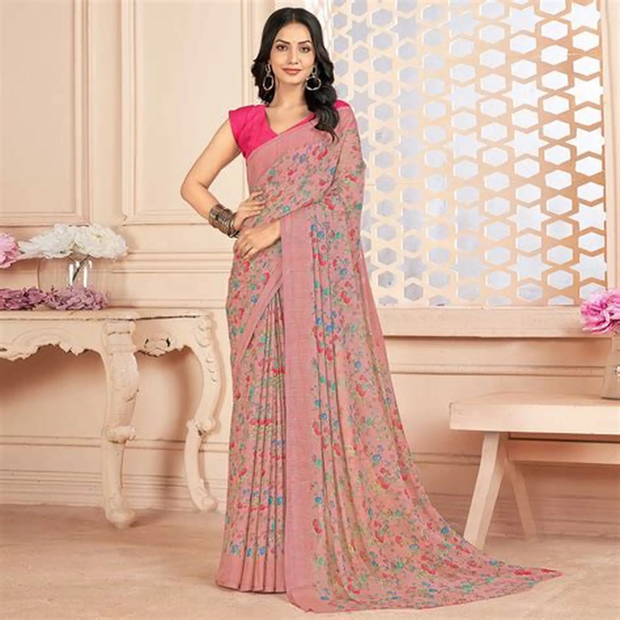 Peach Chiffon Printed Saree