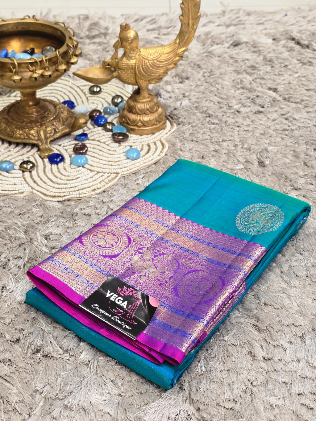 Pure Kanchi Pattu Silk Saree with Peacock Medallions &amp; Zari Border