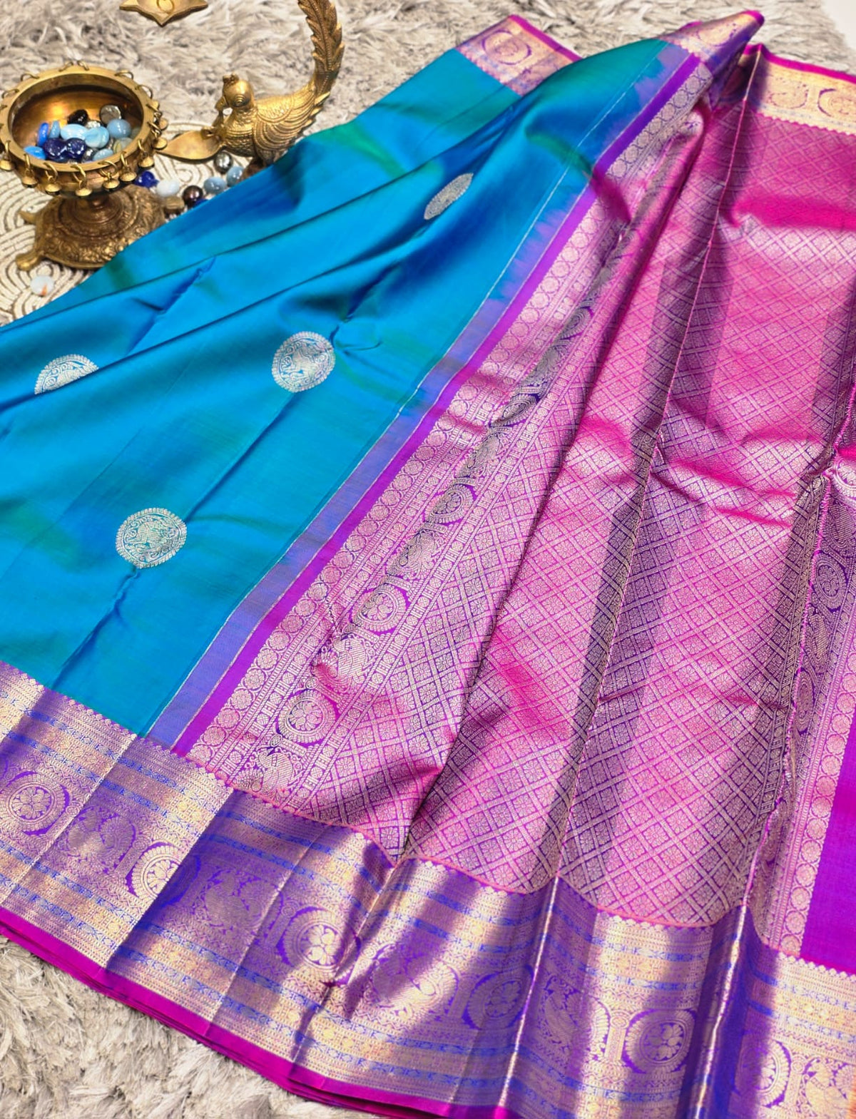 Pure Kanchi Pattu Silk Saree with Peacock Medallions &amp; Zari Border