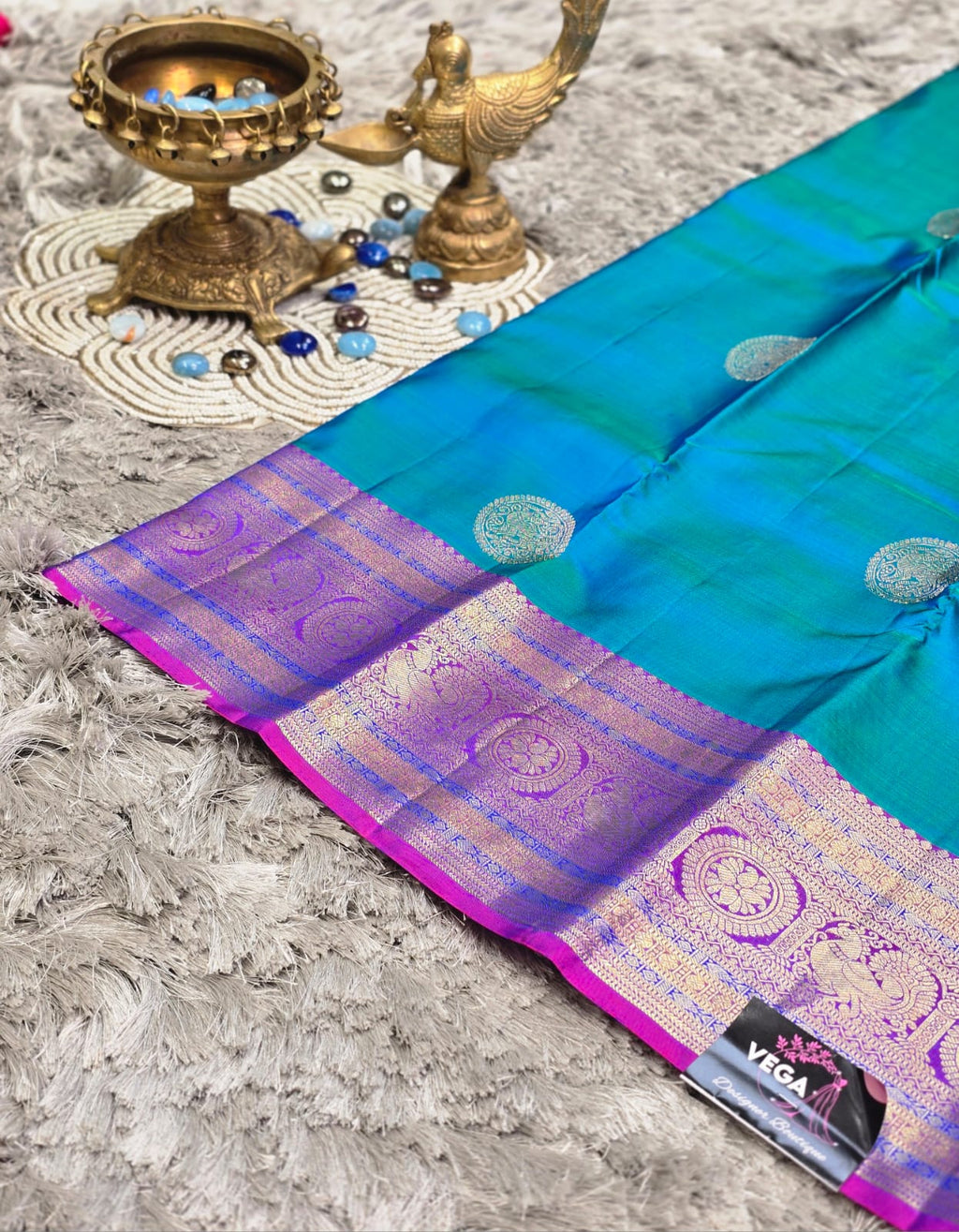 Pure Kanchi Pattu Silk Saree with Peacock Medallions &amp; Zari Border