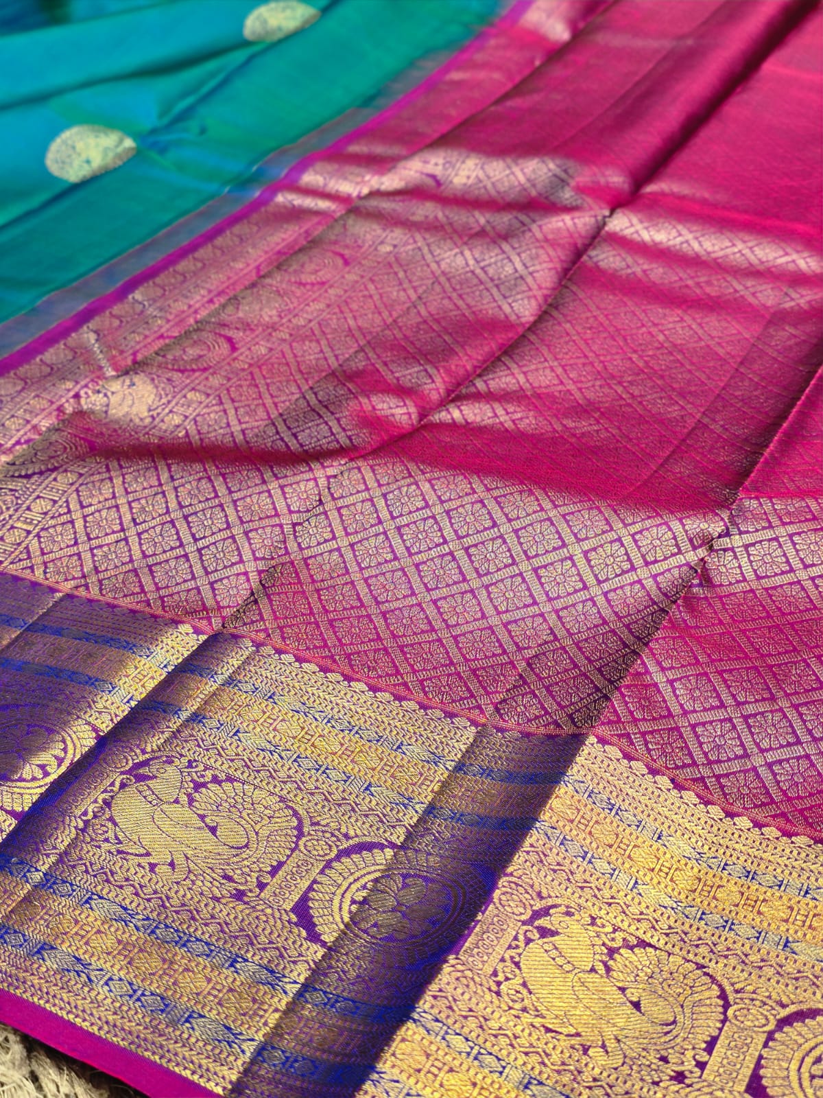 Pure Kanchi Pattu Silk Saree with Peacock Medallions &amp; Zari Border