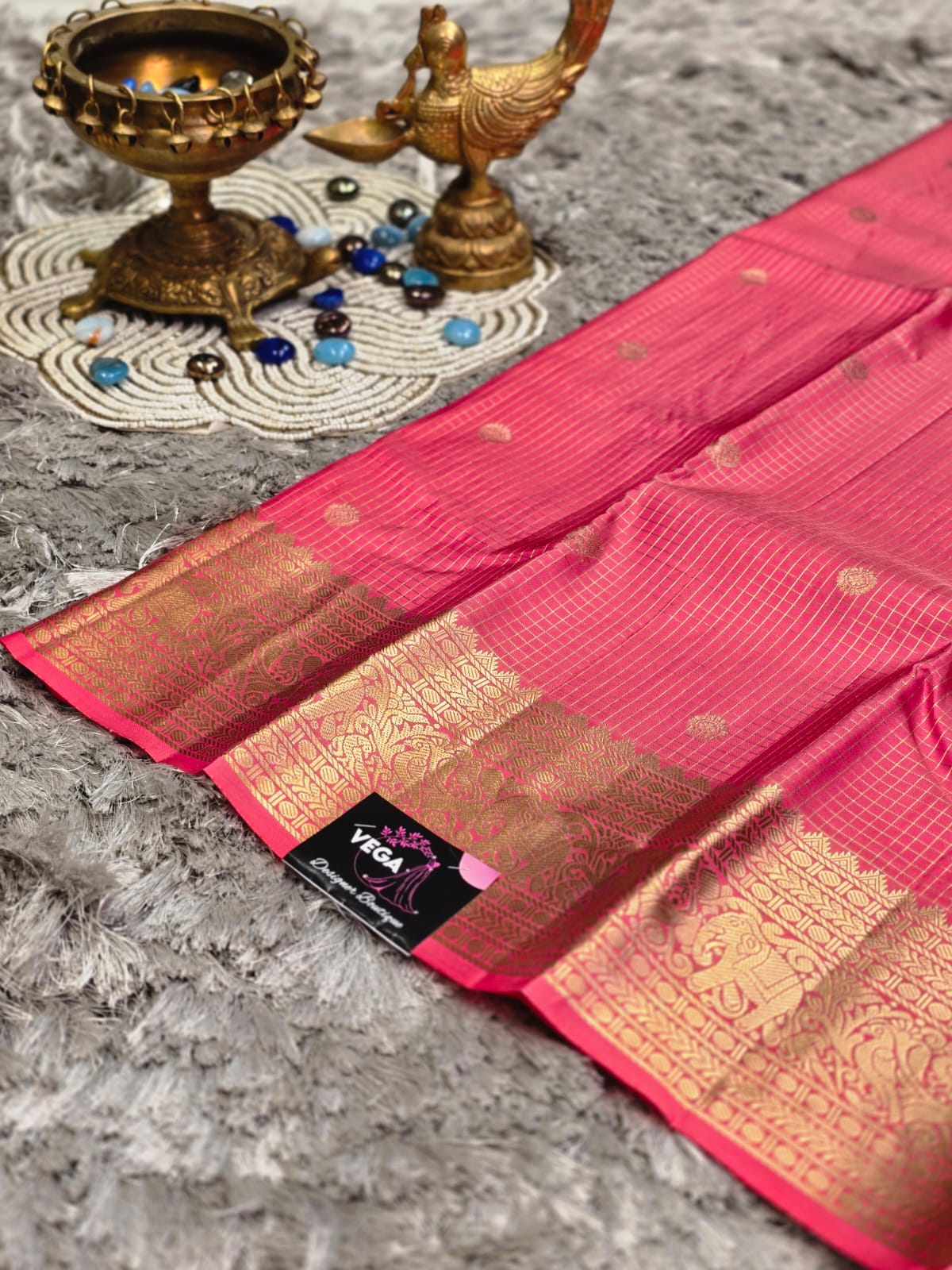 Pure Kanchi Pattu Silk Saree with Fine Zari Checks & Mayil Motifs