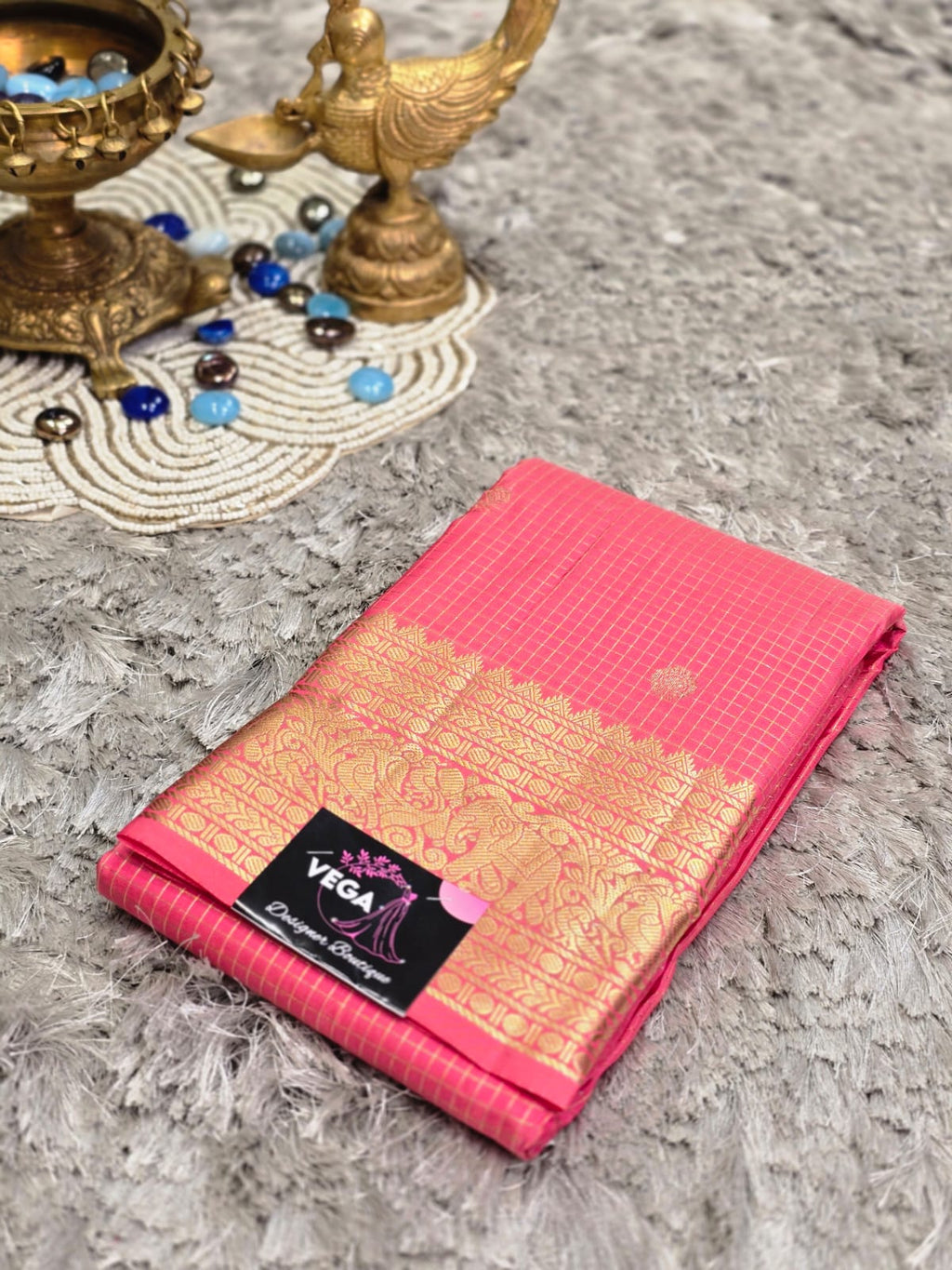 Pure Kanchi Pattu Silk Saree with Fine Zari Checks & Mayil Motifs
