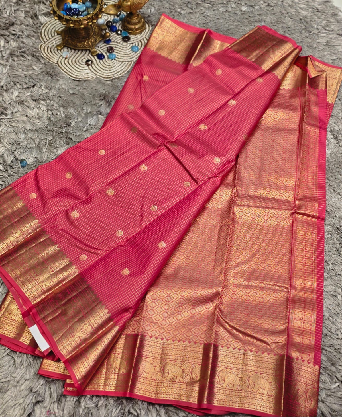 Pure Kanchi Pattu Silk Saree with Fine Zari Checks & Mayil Motifs