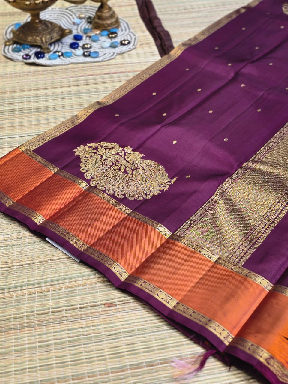 Pure Kanchi Pattu Silk Saree with Tree of Life Motif & Contrast Zari Border