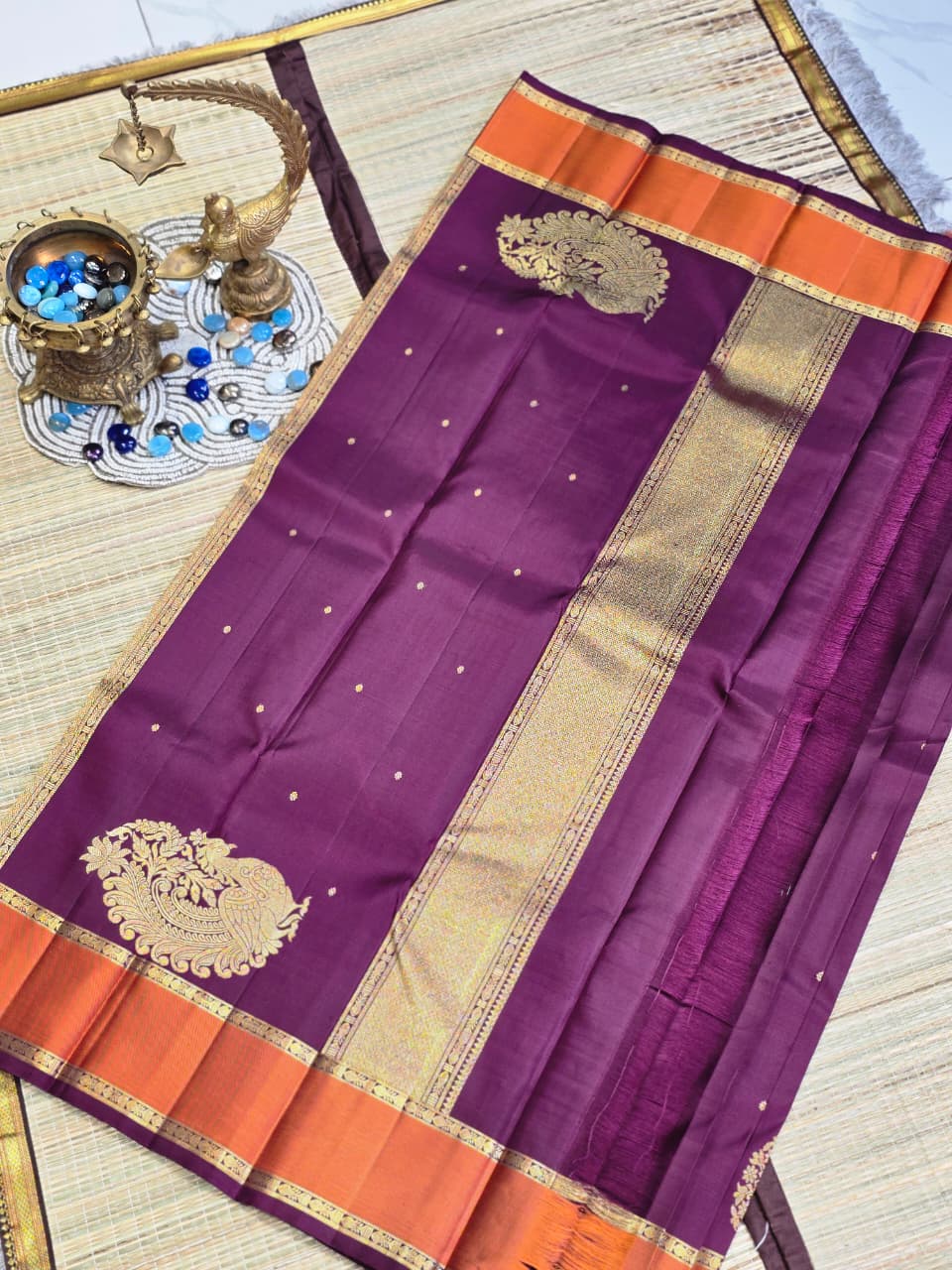 Pure Kanchi Pattu Silk Saree with Tree of Life Motif & Contrast Zari Border