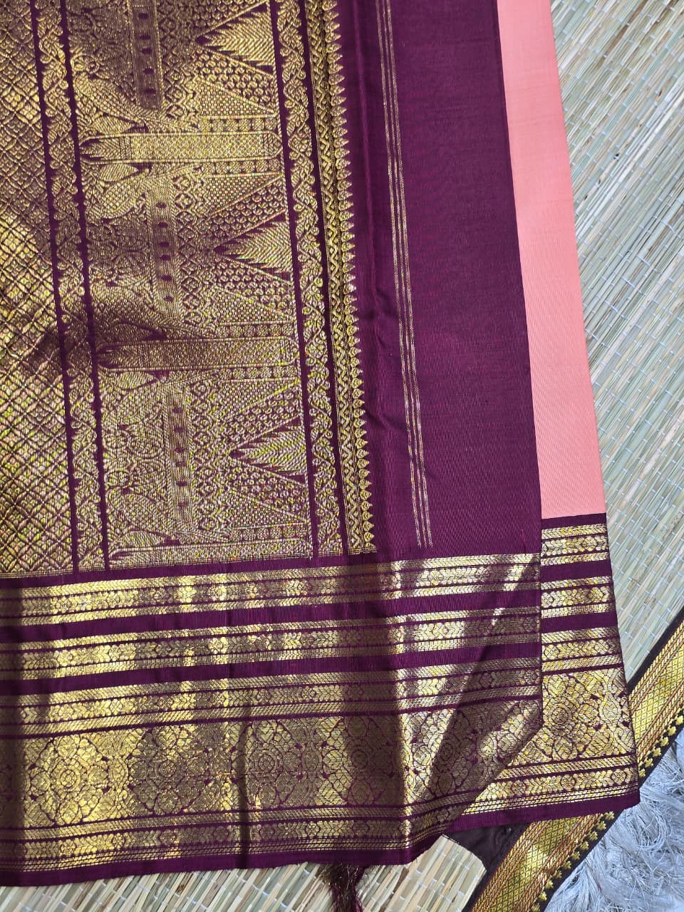 Pure Kanchi Pattu Silk Saree with Floral Chakras &amp; Contrast Zari Border