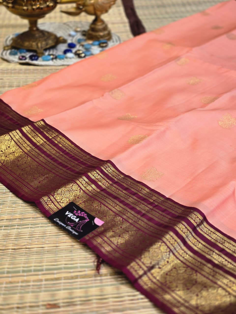 Pure Kanchi Pattu Silk Saree with Floral Chakras &amp; Contrast Zari Border