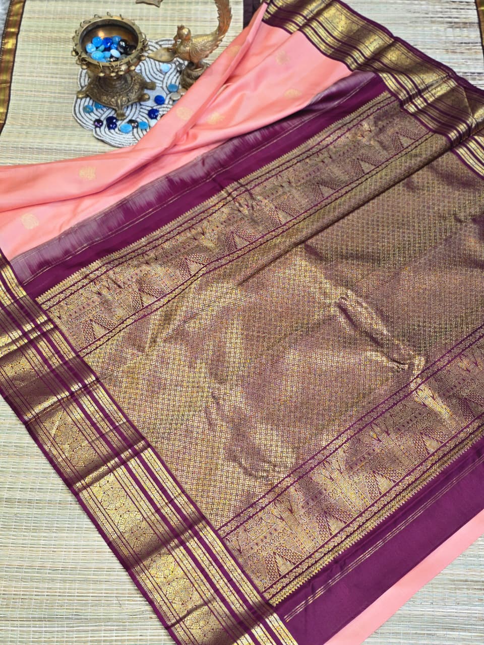 Pure Kanchi Pattu Silk Saree with Floral Chakras &amp; Contrast Zari Border