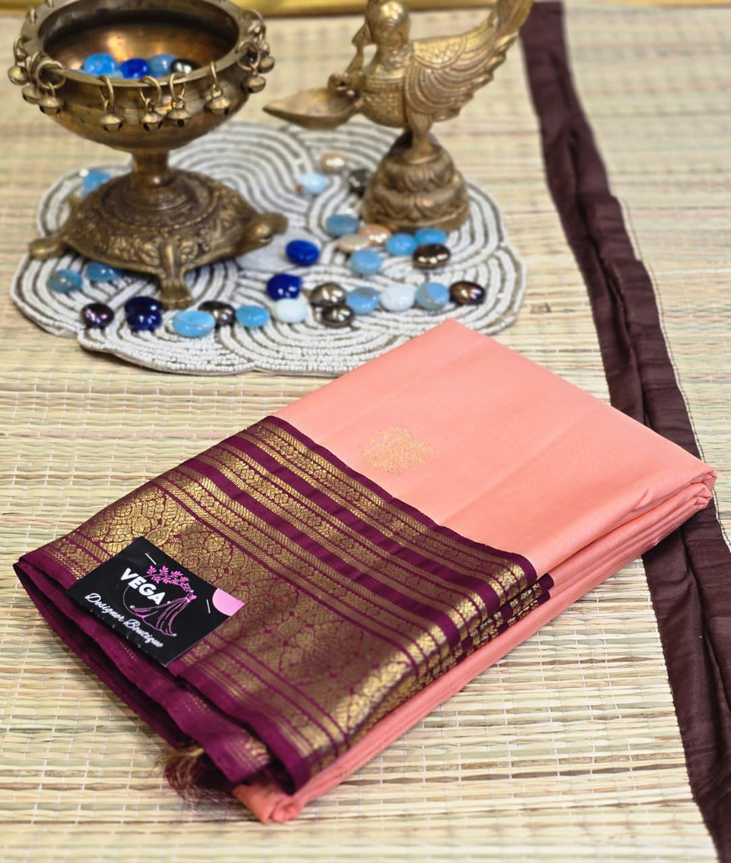 Pure Kanchi Pattu Silk Saree with Floral Chakras &amp; Contrast Zari Border