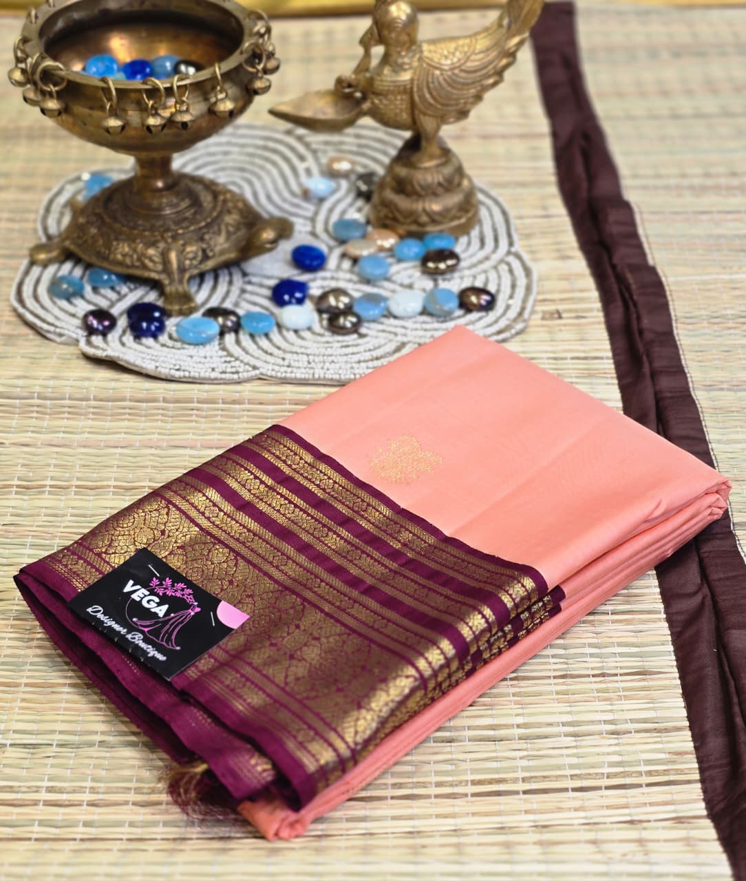 Pure Kanchi Pattu Silk Saree with Floral Chakras &amp; Contrast Zari Border