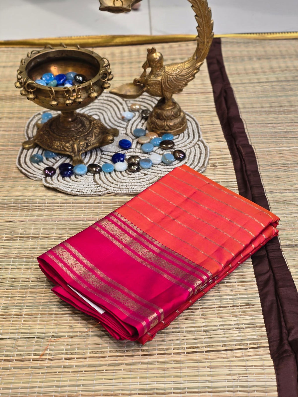 Pure Kanchi Pattu Silk Saree with Zari Stripes &amp; Contrast Brocade Border