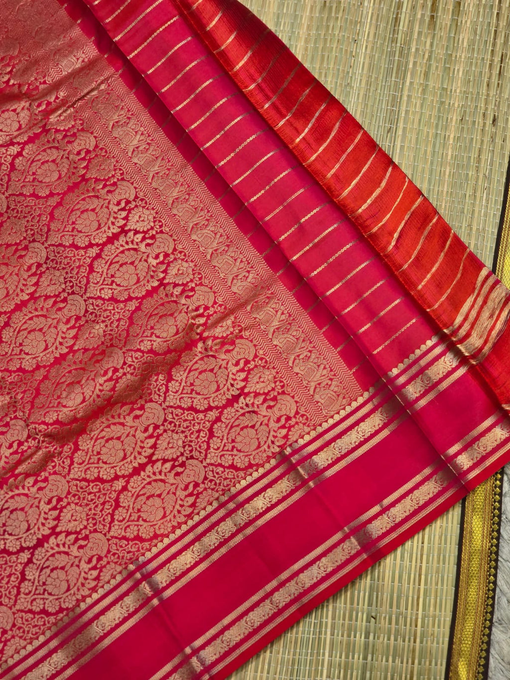 Pure Kanchi Pattu Silk Saree with Zari Stripes &amp; Contrast Brocade Border