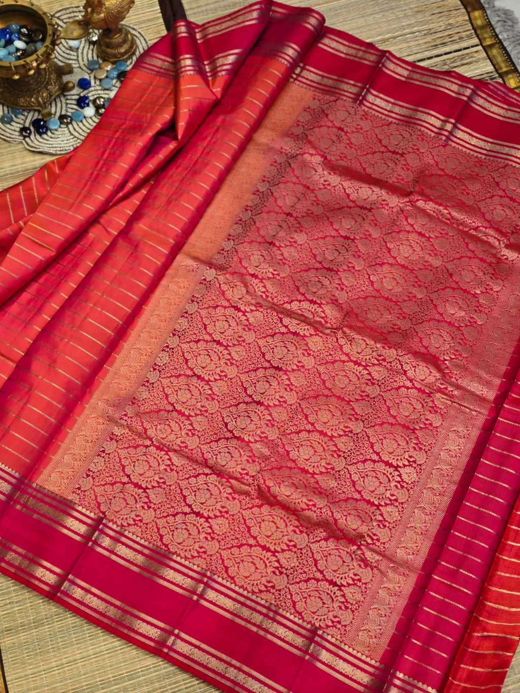 Pure Kanchi Pattu Silk Saree with Zari Stripes &amp; Contrast Brocade Border