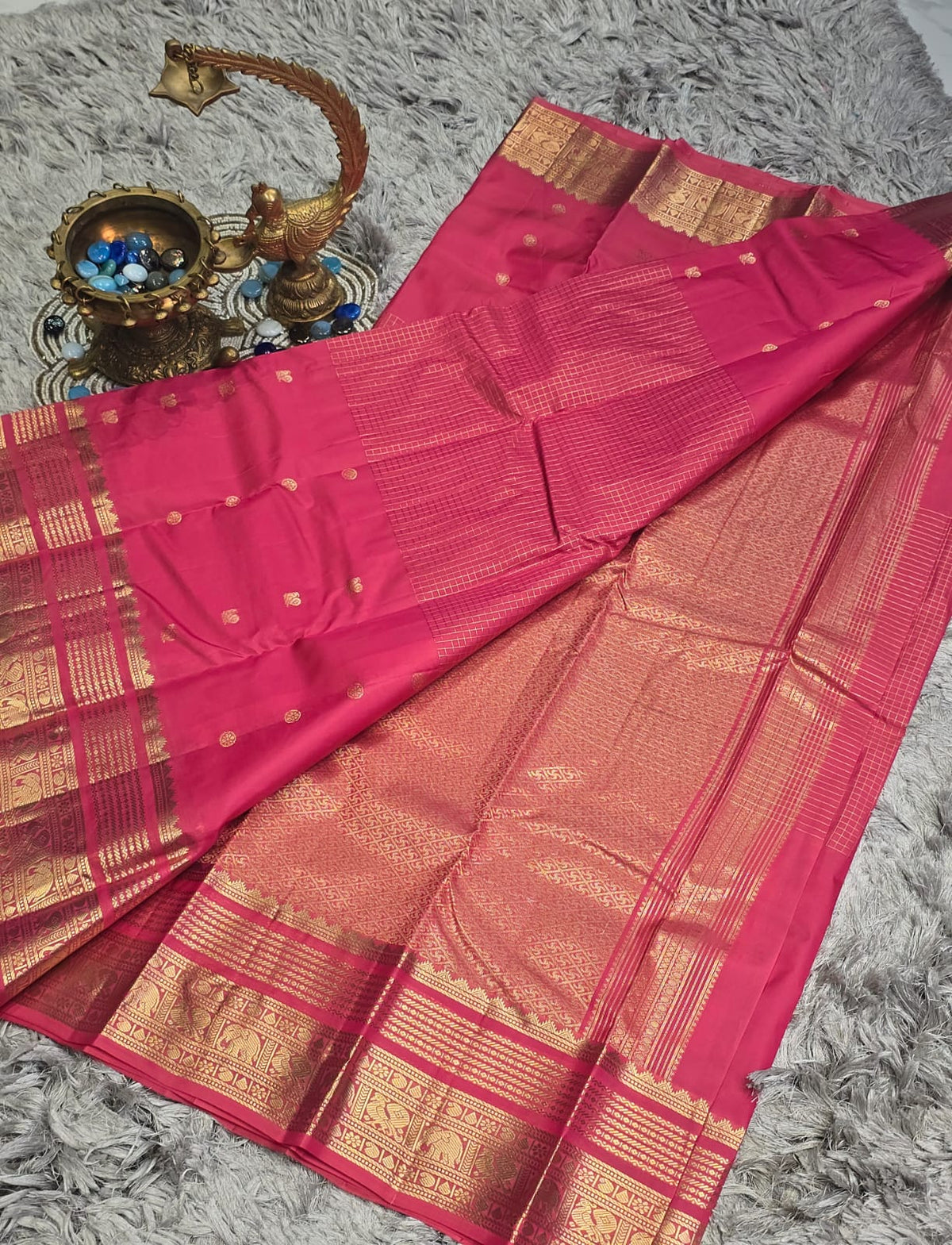Pure Kanchi Pattu Silk Saree with Peacock Motifs &amp; Self Zari Brocade