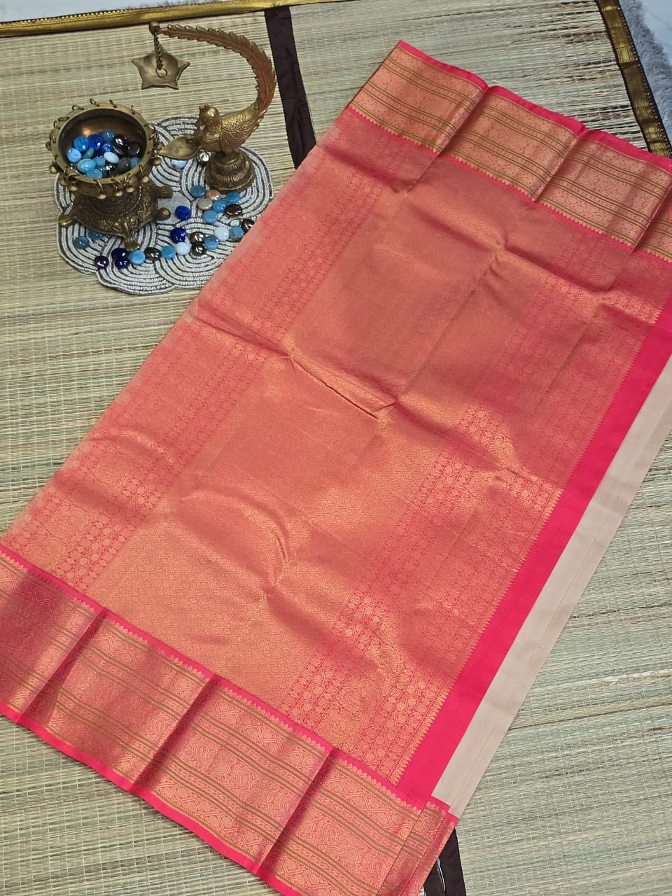 Pure Kanchi Pattu Silk Saree with Floral Medallions &amp; Contrast Zari Border