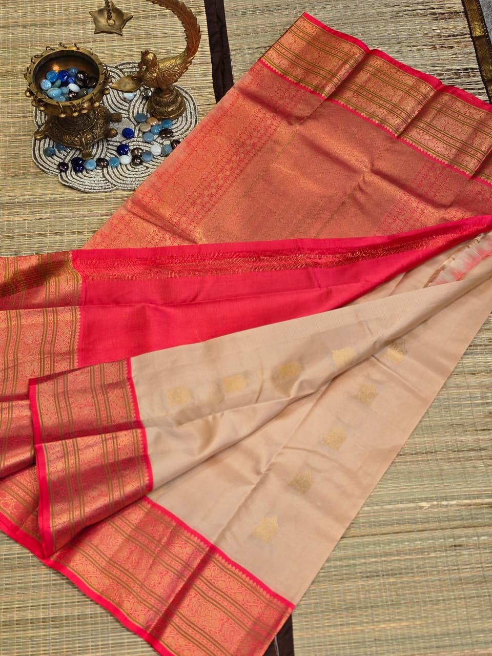 Pure Kanchi Pattu Silk Saree with Floral Medallions &amp; Contrast Zari Border