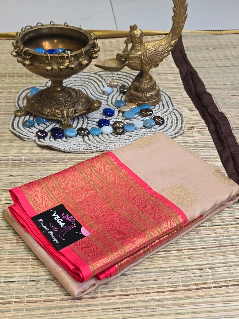 Pure Kanchi Pattu Silk Saree with Floral Medallions &amp; Contrast Zari Border