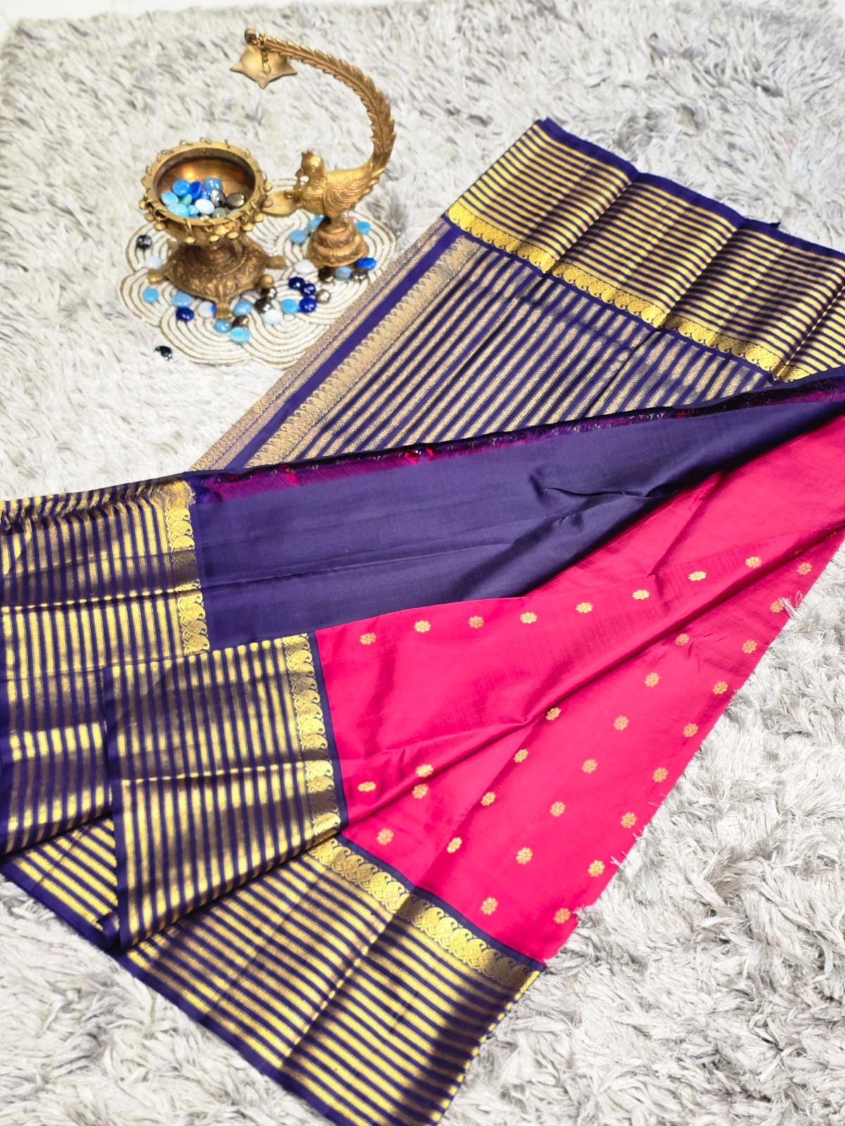 Pure Kanchi Pattu Silk Saree with Floral Floral Motifs &amp; Zari Striped Border