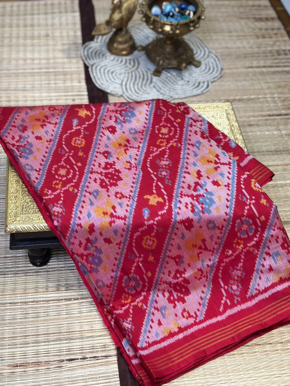 Pure Ikkat Silk Saree with Leheriya Diagonal Stripes & Patola Weave