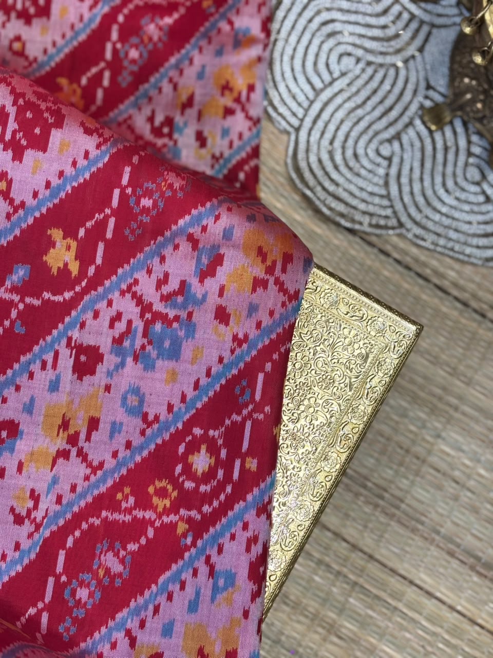 Pure Ikkat Silk Saree with Leheriya Diagonal Stripes & Patola Weave