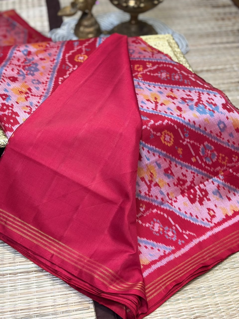 Pure Ikkat Silk Saree with Leheriya Diagonal Stripes & Patola Weave