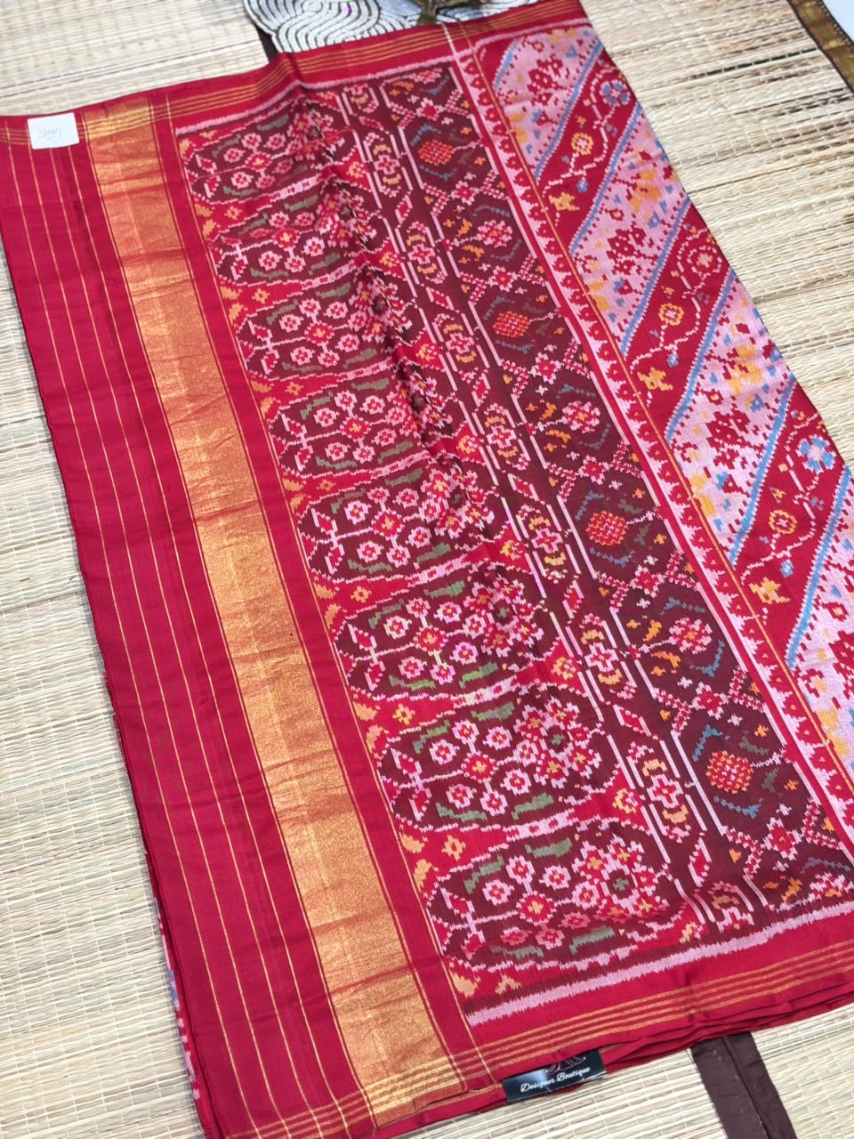 Pure Ikkat Silk Saree with Leheriya Diagonal Stripes & Patola Weave