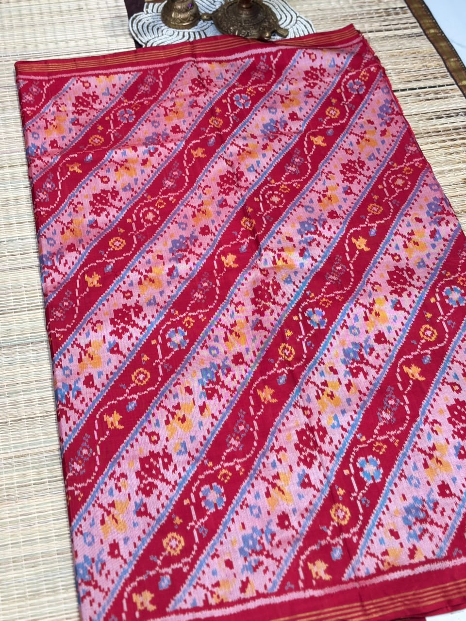 Pure Ikkat Silk Saree with Leheriya Diagonal Stripes & Patola Weave