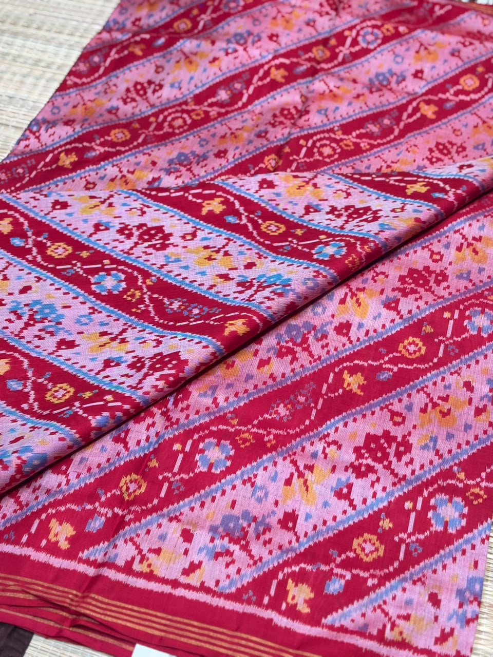 Pure Ikkat Silk Saree with Leheriya Diagonal Stripes & Patola Weave