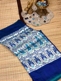 Pure Ikkat Silk Saree with Peacock &amp; Parrot Motifs on Contrast Off-White Border