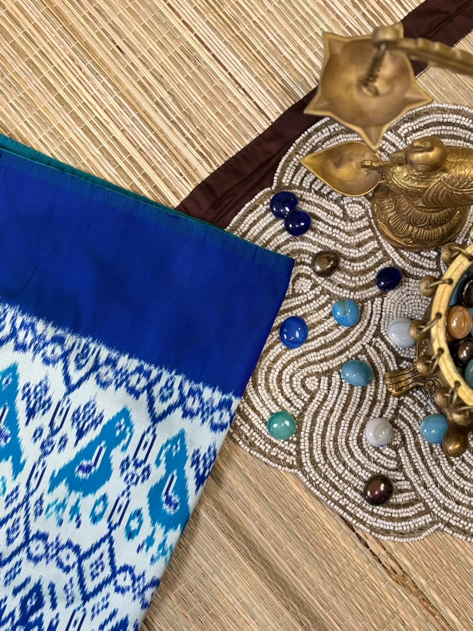 Pure Ikkat Silk Saree with Peacock &amp; Parrot Motifs on Contrast Off-White Border
