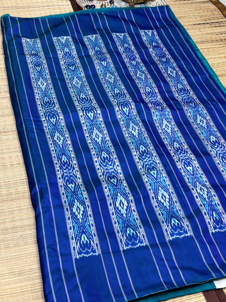 Pure Ikkat Silk Saree with Peacock &amp; Parrot Motifs on Contrast Off-White Border