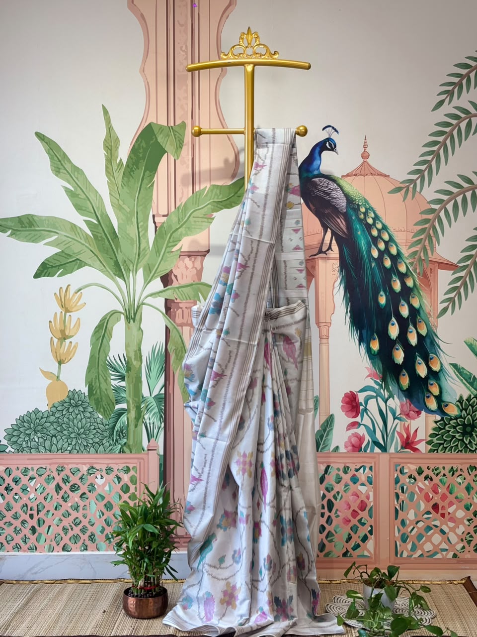 Pure Ikkat Silk Saree with Parrot Motifs &amp; Floral Vines