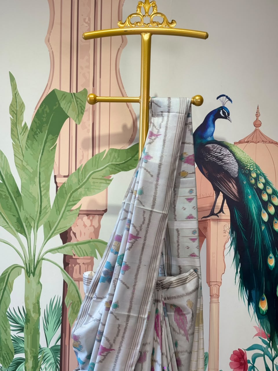 Pure Ikkat Silk Saree with Parrot Motifs &amp; Floral Vines