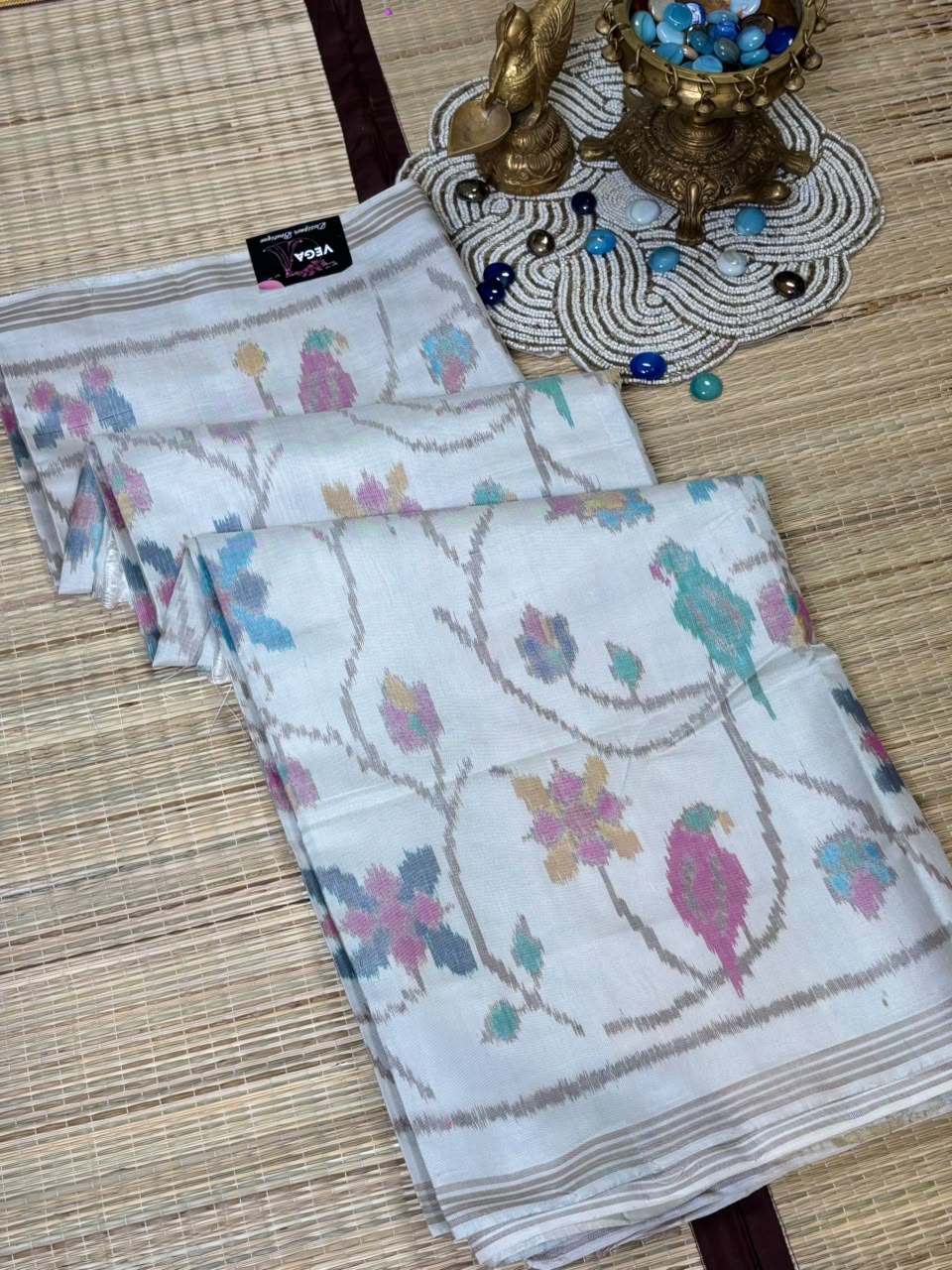 Pure Ikkat Silk Saree with Parrot Motifs &amp; Floral Vines