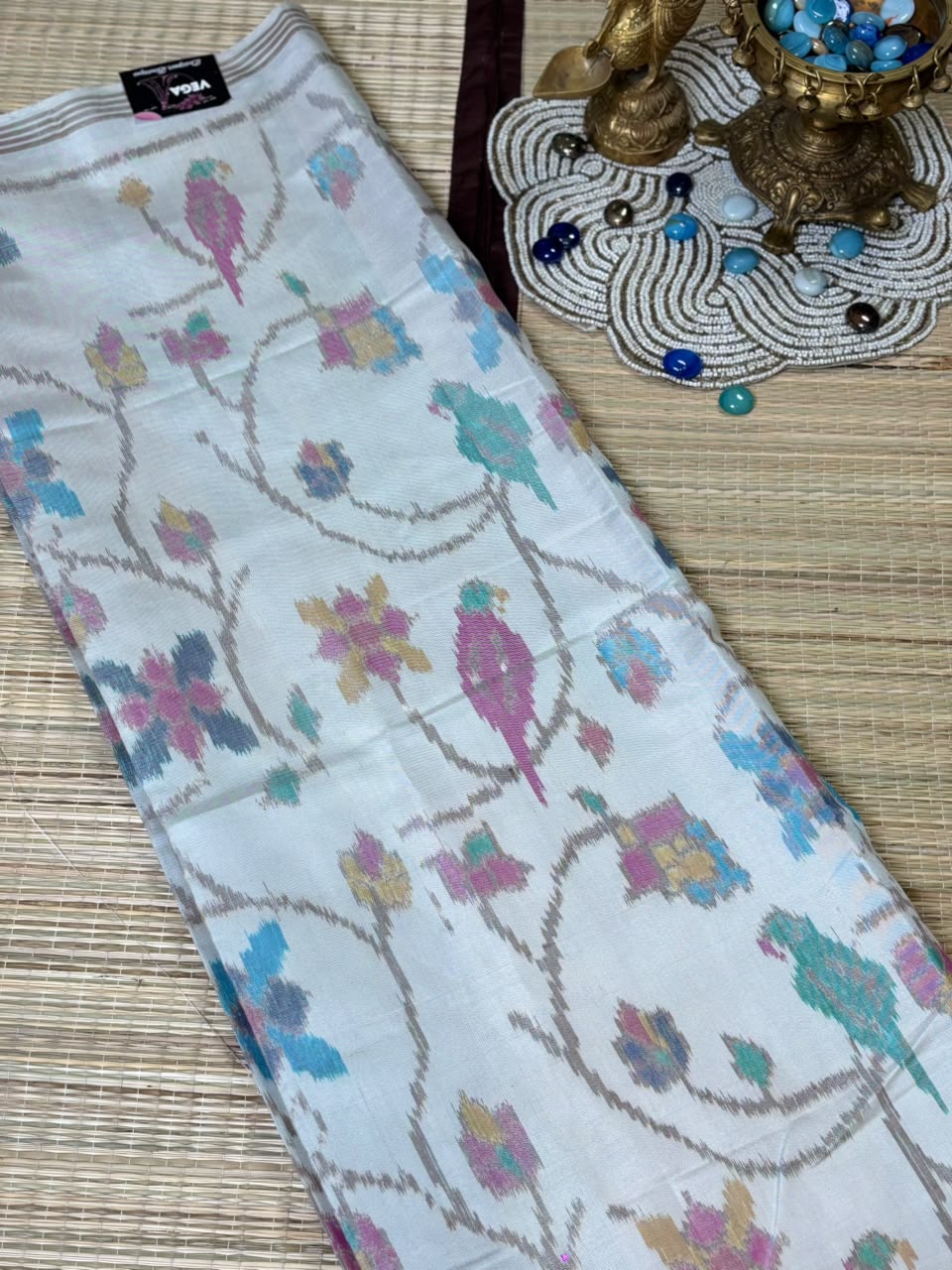 Pure Ikkat Silk Saree with Parrot Motifs &amp; Floral Vines