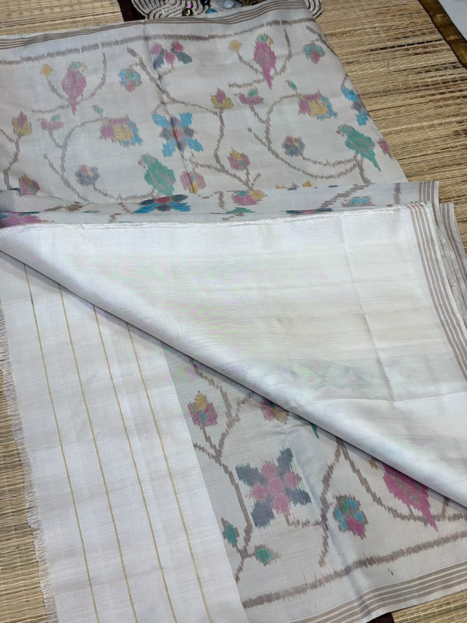 Pure Ikkat Silk Saree with Parrot Motifs &amp; Floral Vines