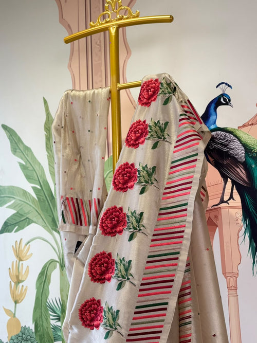 Embroidered Tussar Silk Saree with Peony Floral Motifs &amp; Striped Border