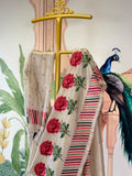 Embroidered Tussar Silk Saree with Peony Floral Motifs &amp; Striped Border