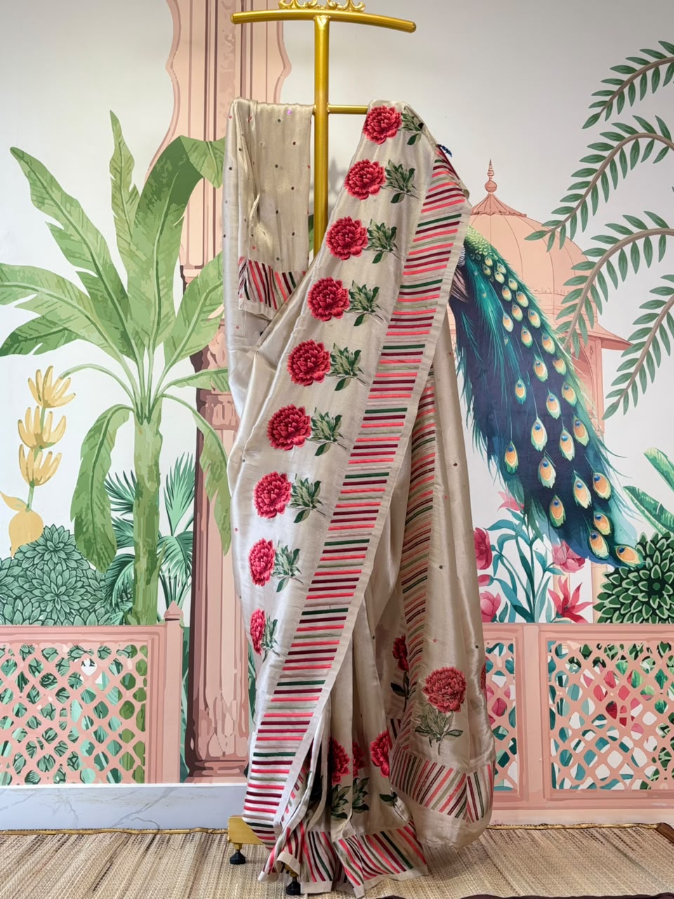 Embroidered Tussar Silk Saree with Peony Floral Motifs &amp; Striped Border