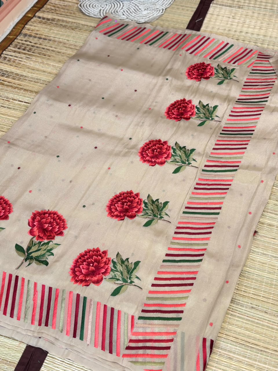 Embroidered Tussar Silk Saree with Peony Floral Motifs &amp; Striped Border