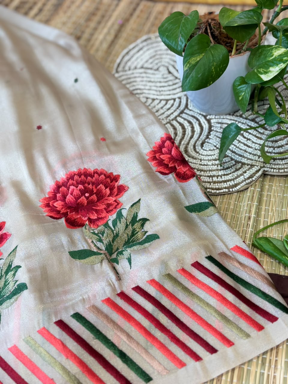 Embroidered Tussar Silk Saree with Peony Floral Motifs &amp; Striped Border