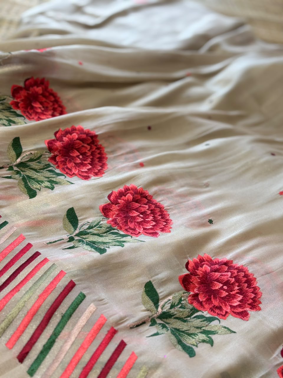 Embroidered Tussar Silk Saree with Peony Floral Motifs &amp; Striped Border