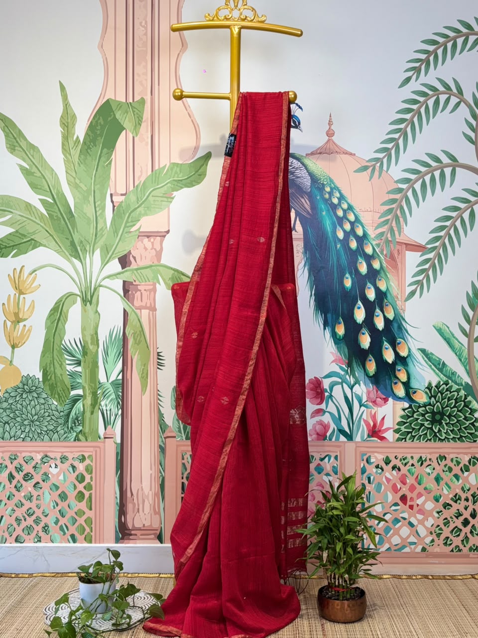 Tussar Silk Saree with Geometric Motifs &amp; Zari Border