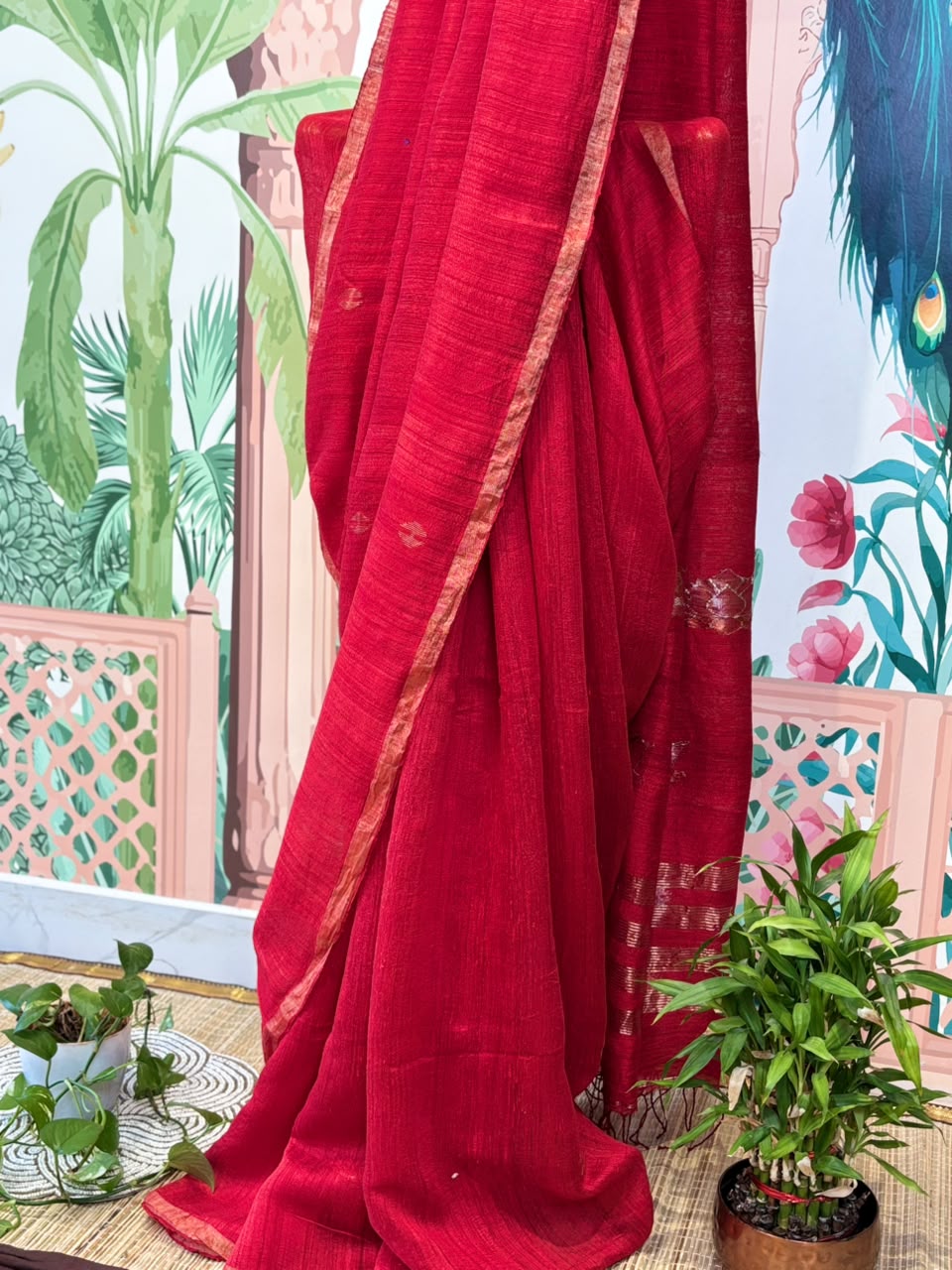 Tussar Silk Saree with Geometric Motifs &amp; Zari Border