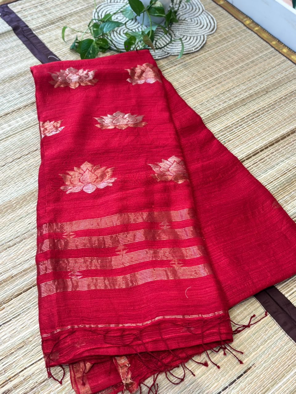 Tussar Silk Saree with Geometric Motifs &amp; Zari Border