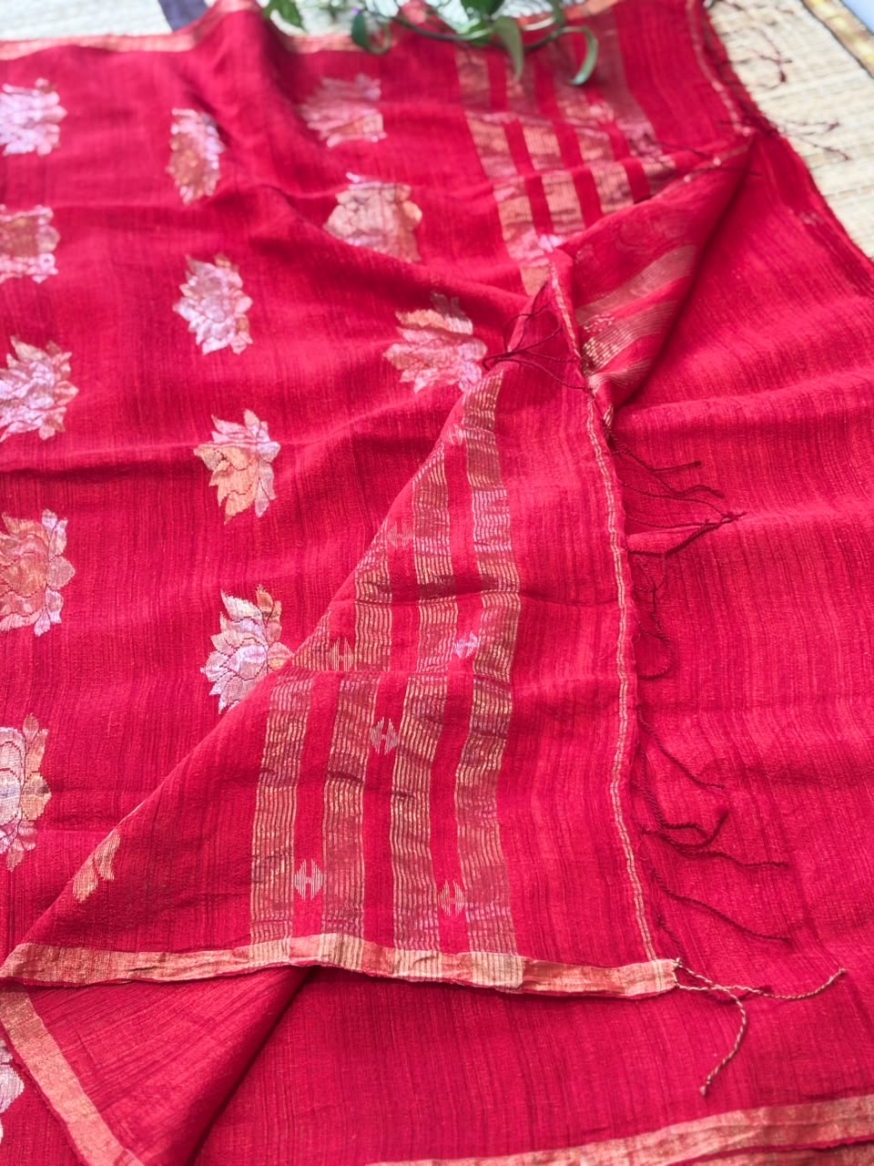 Tussar Silk Saree with Geometric Motifs &amp; Zari Border