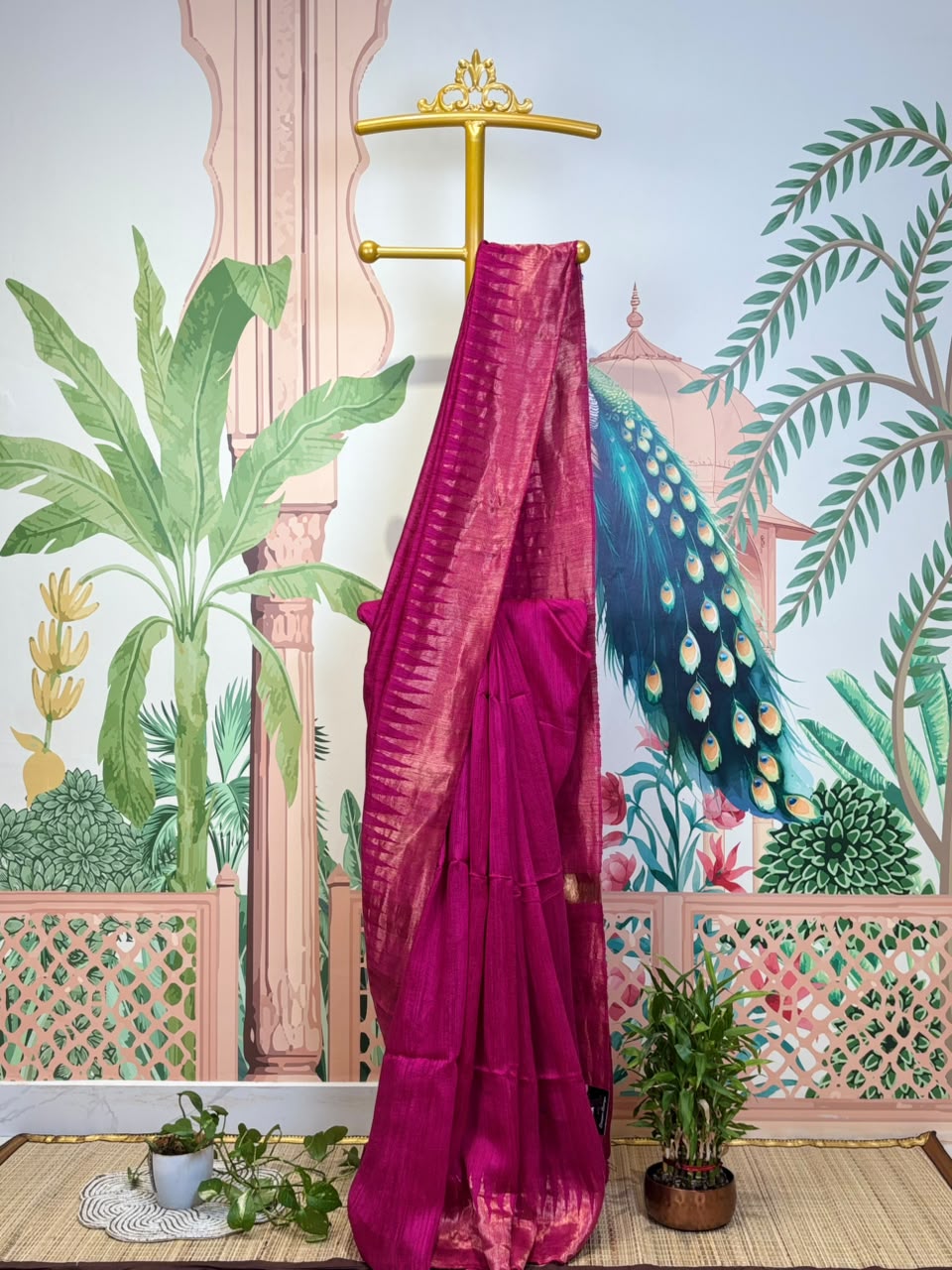 Pure Tissue Linen Matka Silk Saree with Geometric Triangle Weave &amp; Temple Motifs