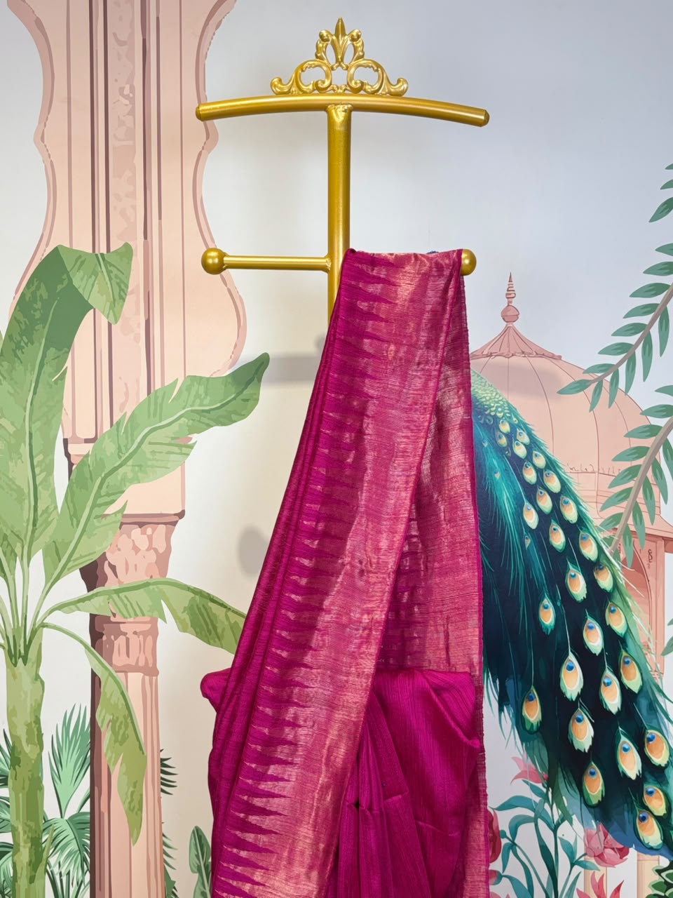 Pure Tissue Linen Matka Silk Saree with Geometric Triangle Weave &amp; Temple Motifs
